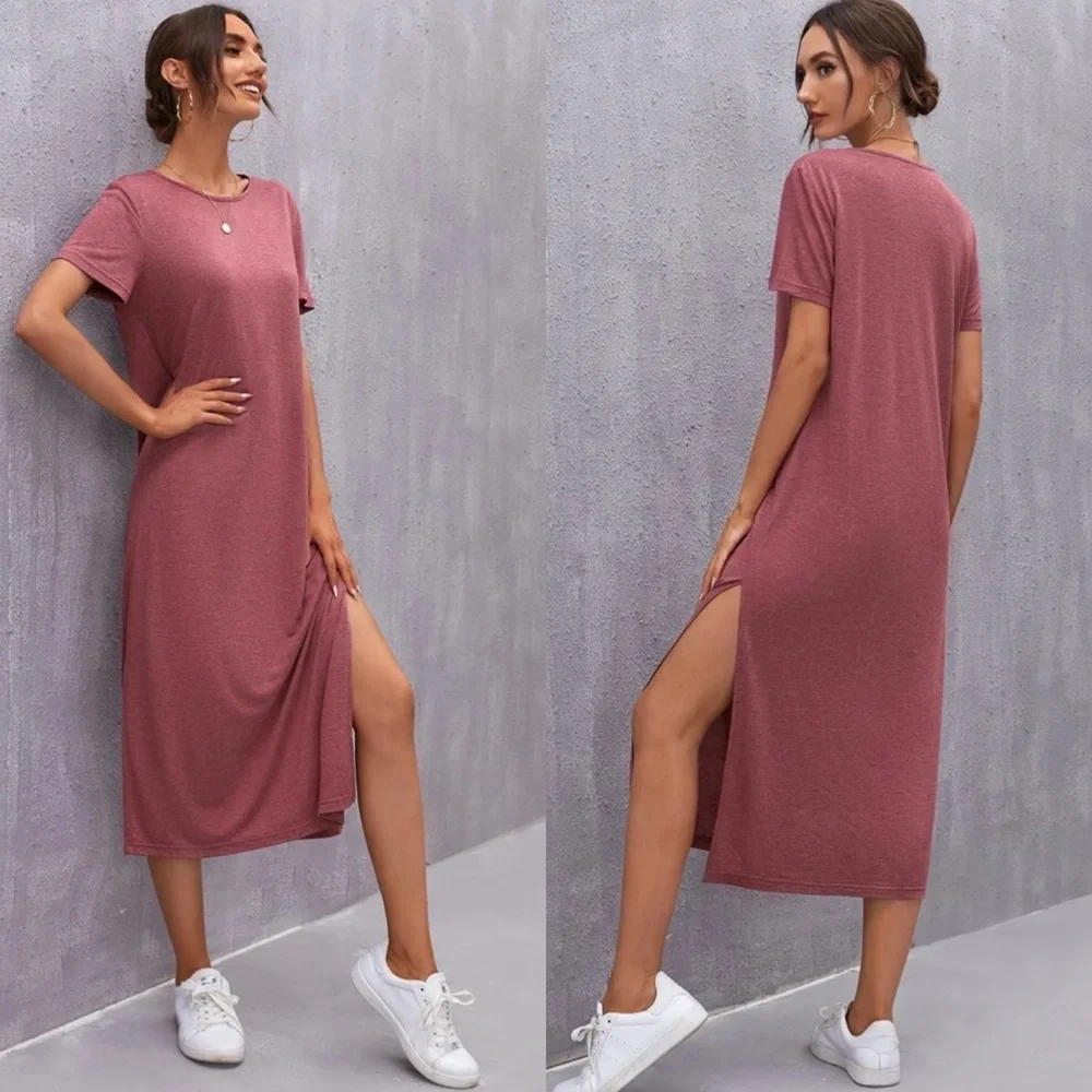 Short sleeve midi length slit tee dress casual boho purple - Picture 5 of 9